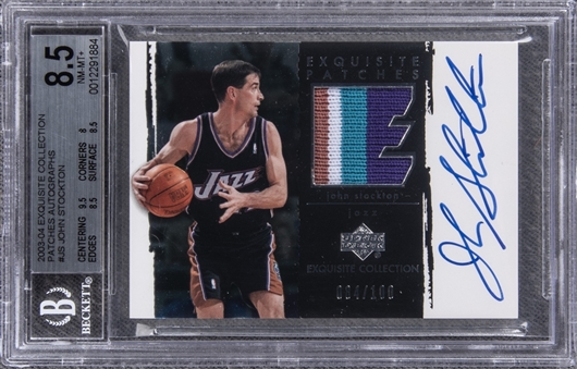 2003-04 UD "Exquisite Collection" Patches Autographs #JS John Stockton Signed Game Used Patch Card (#084/100) – BGS NM-MT+ 8.5/BGS 10